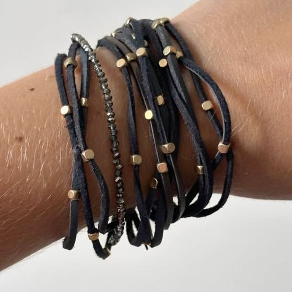 Lonna & Lilly Multi-Strand Leather Wrap Bracelet Gray Suede Gold Beads Crystal